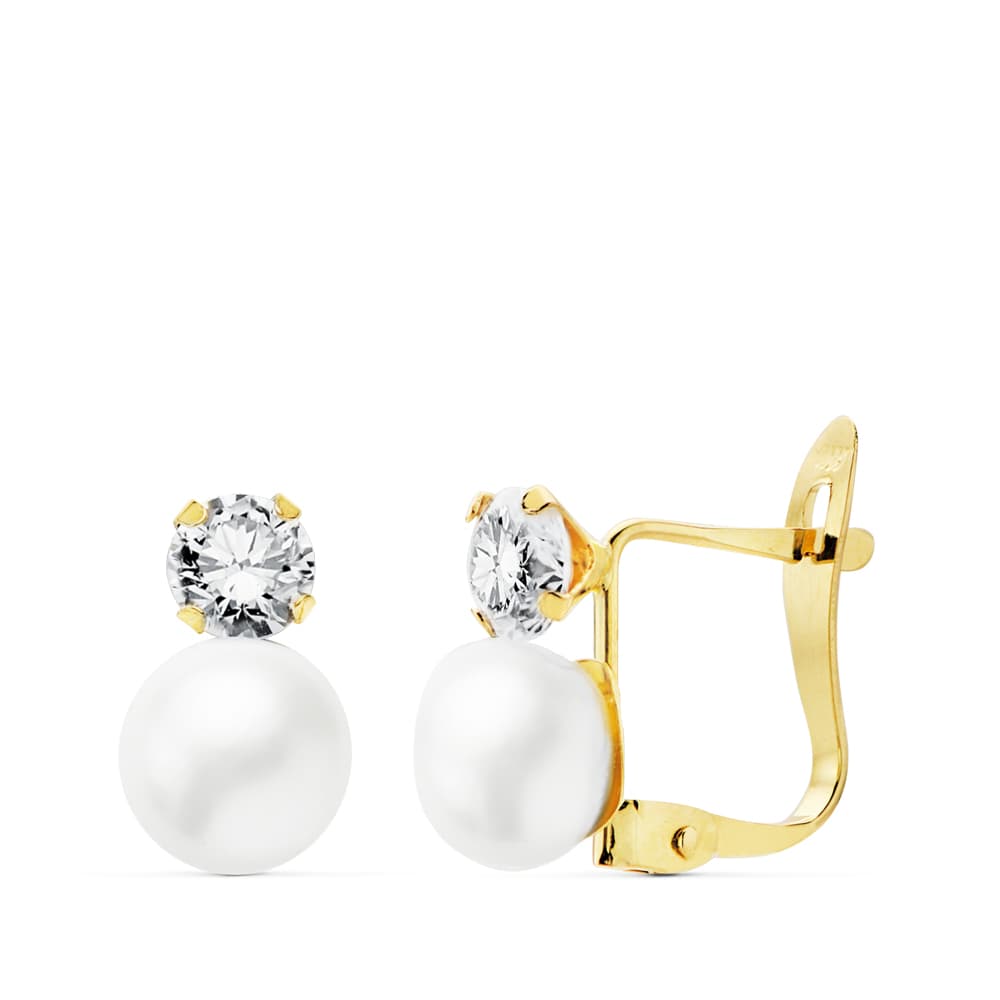 Pendientes Circonita Bicolor 4 mm Perla 6 mm 18K