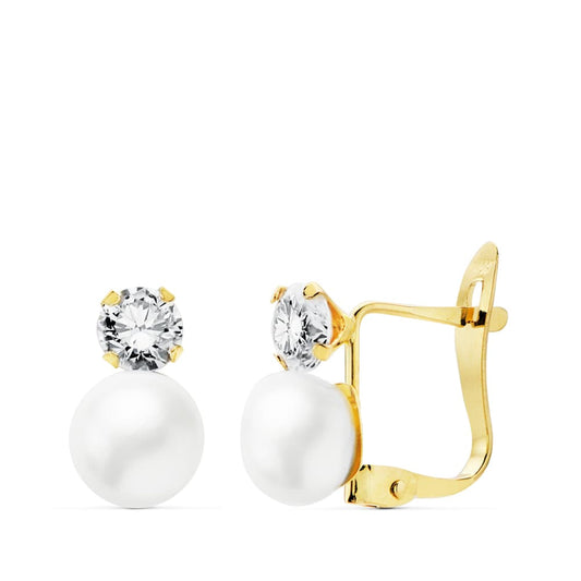 Pendientes Circonita Bicolor 4 mm Perla 6 mm 18K