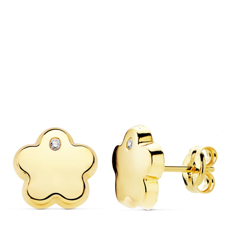 18K PENDIENTES FLOR CIRCONITA ORO AMARILLO 9 MM CIERRE PRESION