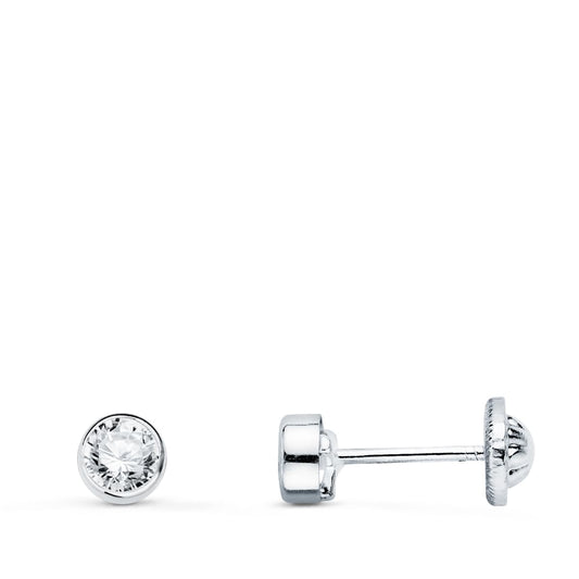 18K PENDIENTES ORO BLANCO CHATON REDONDOS CON CIRCONITA 3 MM CIERRE TUERCA
