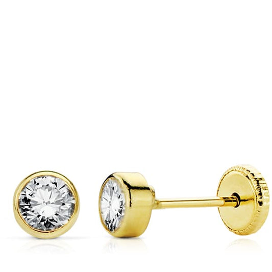 18K PENDIENTES ORO AMARILLO CHATON CIRCONITA REDONDOS 4 MM TUERCA
