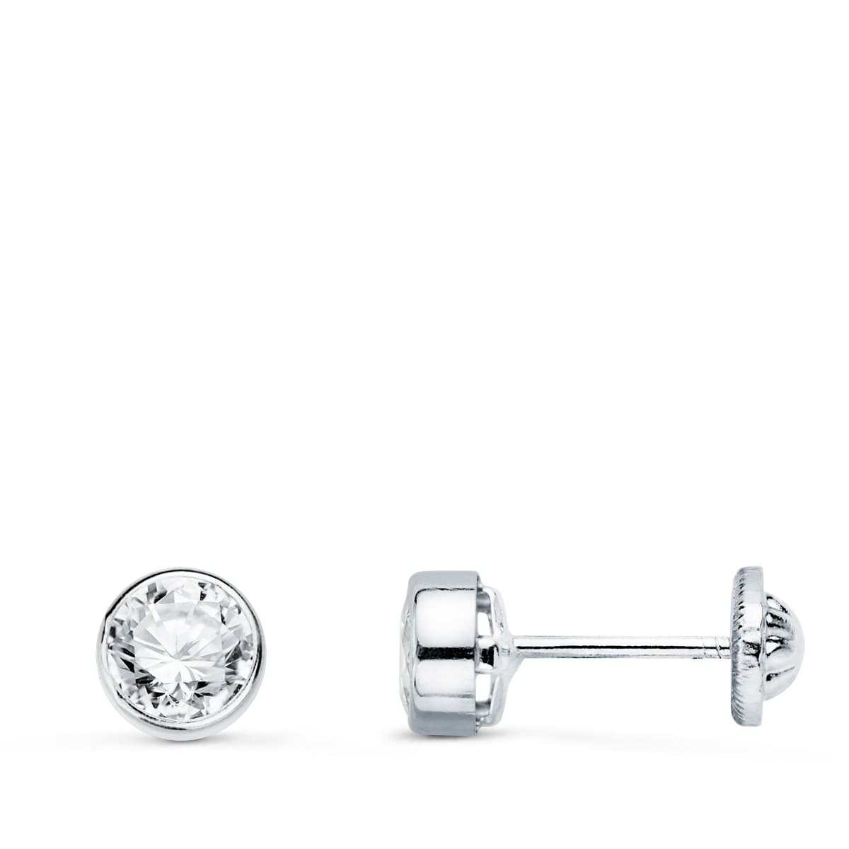 18K PENDIENTES ORO BLANCO CHATON REDONDOS BOCEL CON CIRCONITA 5 MM CIERRE TUERCA