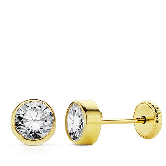 18K PENDIENTES ORO AMARILLO CHATON CIRCONITA REDONDOS 7 MM CIERRE TUERCA