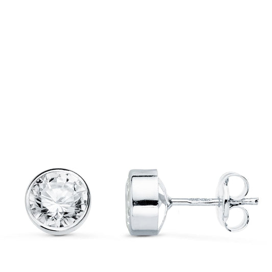 18K PENDIENTES ORO BLANCO CHATON REDONDO CON CIRCONITA 6 MM CIERRE PRESION