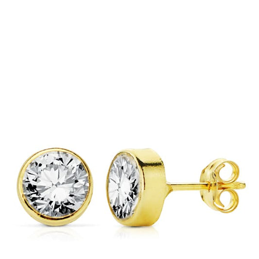 18K PENDIENTES ORO AMARILLO CHATON CIRCONITA REDONDOS 5 MM CIERRE PRESION