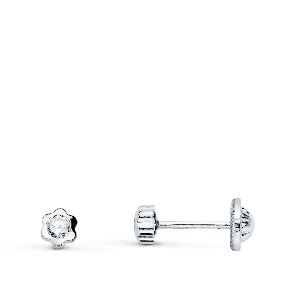 18K PENDIENTES ORO BLANCO FLOR CON CIRCONITA 3.5X3.5 MM CIERRE TUERCA