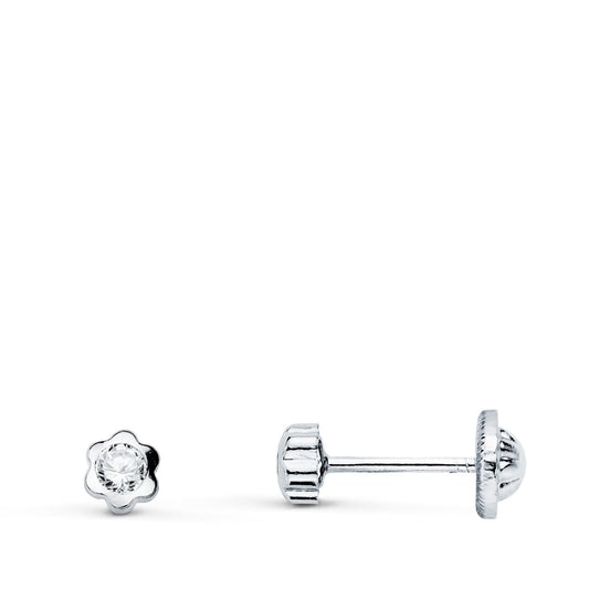 18K PENDIENTES ORO BLANCO FLOR CON CIRCONITA 3.5X3.5 MM CIERRE TUERCA