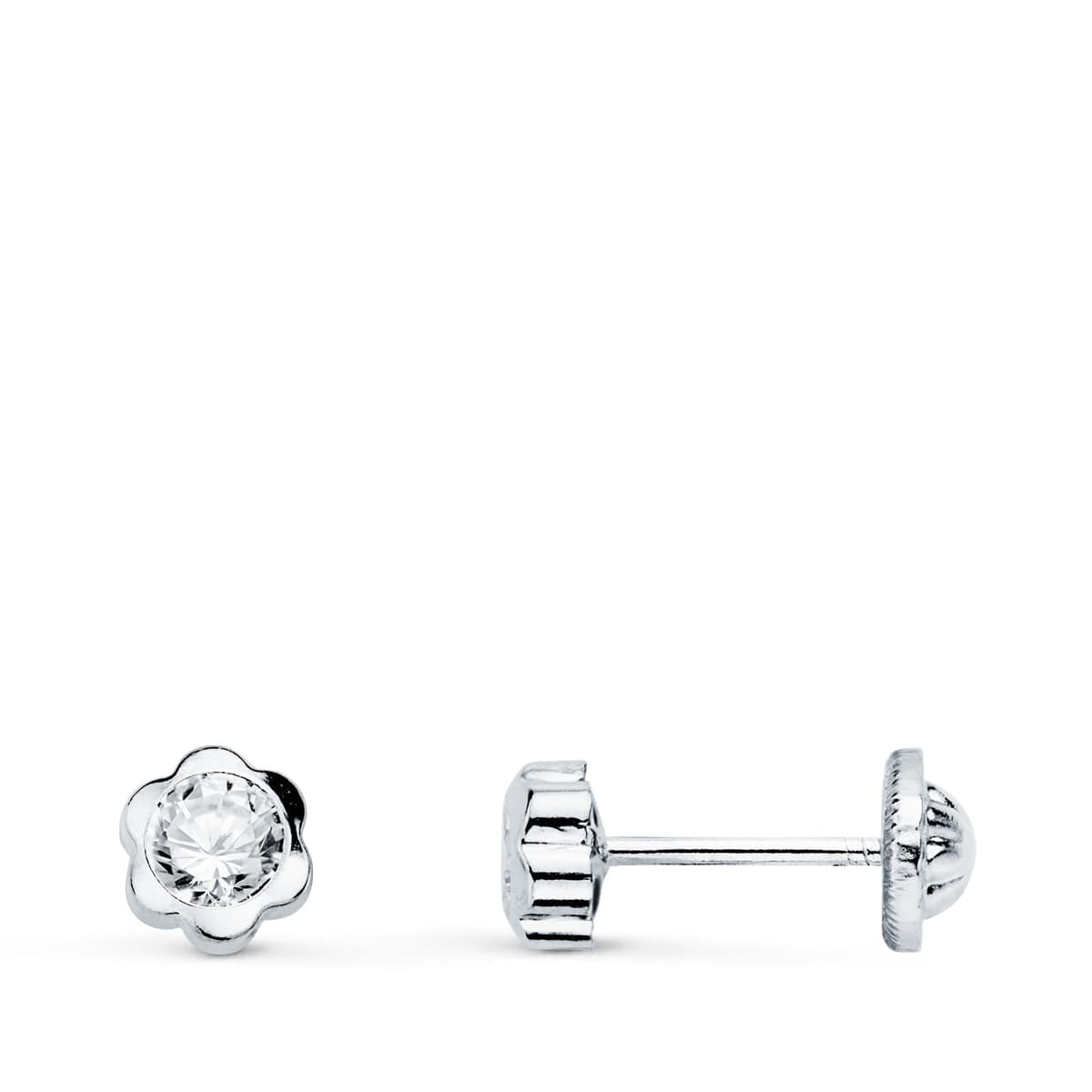 18K PENDIENTES ORO BLANCO CHATON FLOR CON CIRCONITA 5X5 MM CIERRE TUERCA