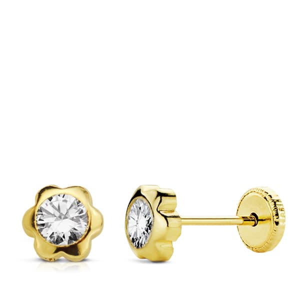 18K PENDIENTES ORO AMARILLO CHATON MARGARITA CIRCONITA 5 MM CIERRE TUERCA