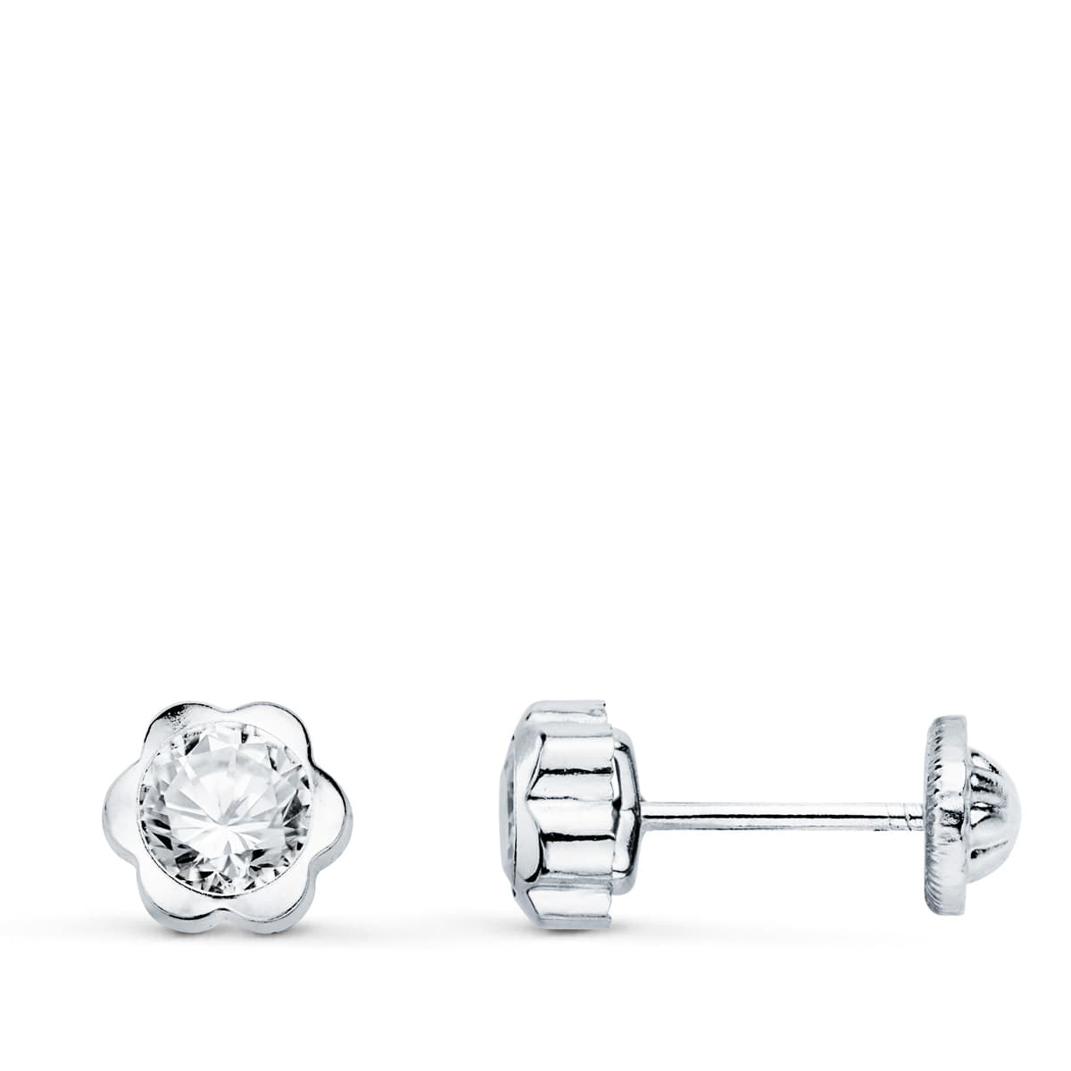 18K PENDIENTES ORO BLANCO CHATON FLOR CON CIRCONITA 6X6 MM CIERRE TUERCA