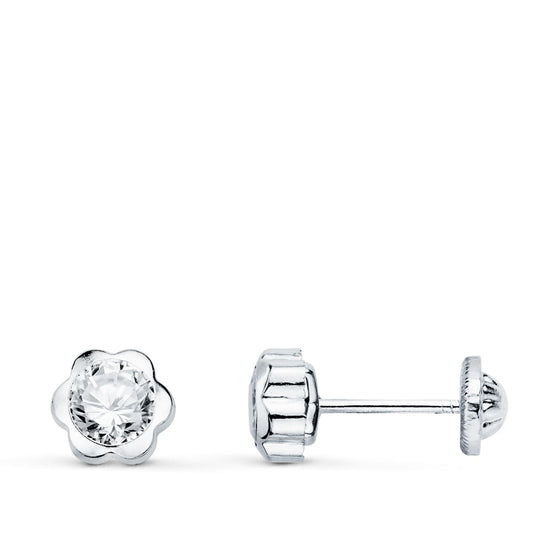 18K PENDIENTES ORO BLANCO CHATON FLOR CON CIRCONITA 6X6 MM CIERRE TUERCA