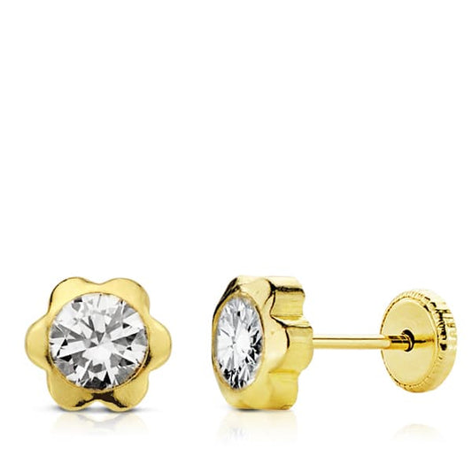 18K PENDIENTES ORO AMARILLO CHATON MARGARITA CIRCONITA 6 MM CIERRE TUERCA