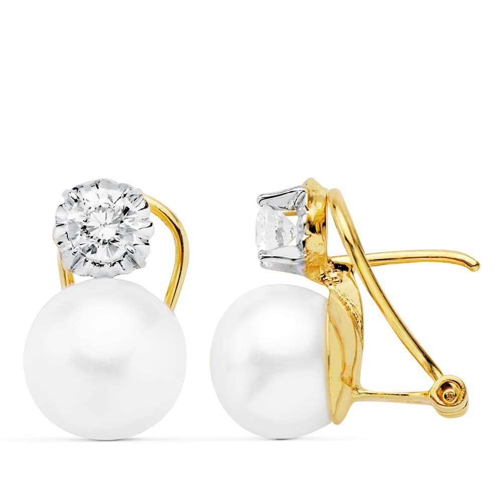 Pendientes Bicolor Perla Boton 9,5 mm 18K