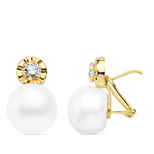 Pendientes Circonita Perla Boton 18 x 11 mm de oro amarillo 18K