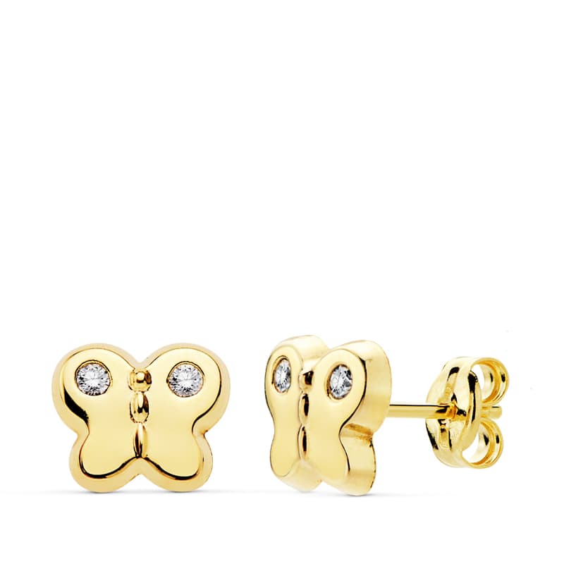 18K PENDIENTES ORO AMARILLO MARIPOSA CIRCONITA 7.5X6 CIERRE PRESION