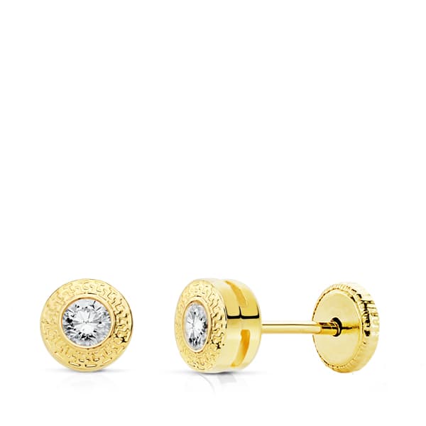 18K PENDIENTES ORO AMARILLO CHATON REDONDOS 5 MM CON GRECA Y CIRCONITA CIERRE TUERCA
