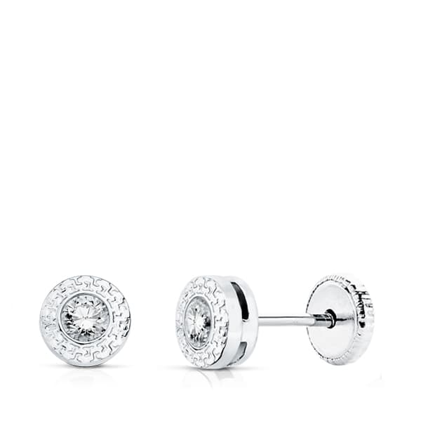 18K PENDIENTES ORO BLANCO CHATON CON GRECA Y CIRCONITA 3 MM CIERRE TUERCA