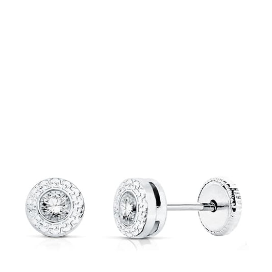 18K PENDIENTES ORO BLANCO CHATON CON GRECA Y CIRCONITA 3 MM CIERRE TUERCA