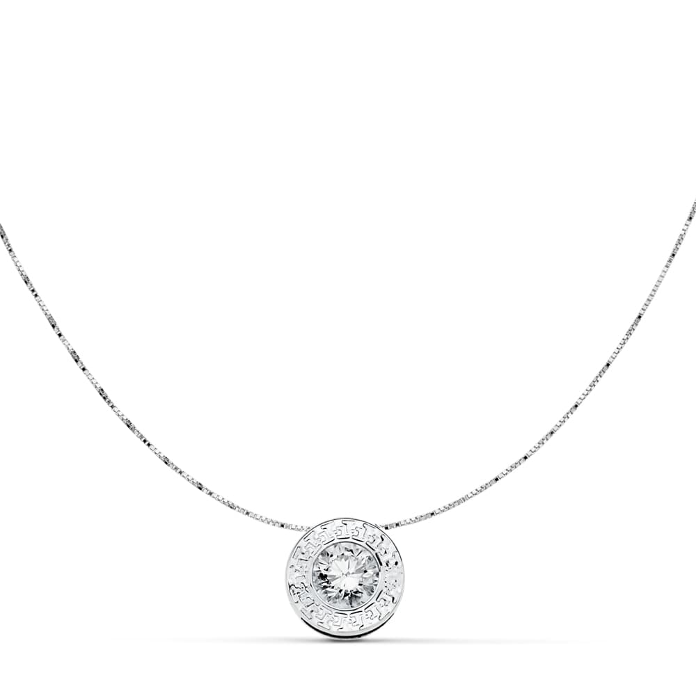 18K GARGANTILLA ORO BLANCO CON COLGANTE CHATON 6,5 MM CON GRECA Y CIRCONITA Y CADENA 42CM
