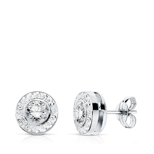18K PENDIENTES ORO BLANCO CHATON REDONDOS 7 MM CON GRECA Y CIRCONITA CIERRE PRESION