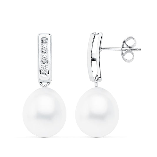 18K PENDIENTES ORO BLANCO PERLA 24X9 MM CIERRE PRESION