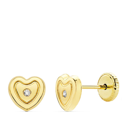 18K PENDIENTES ORO AMARILLO CORAZON CIRCONITA 6.5X6 M CIERRE TUERCA