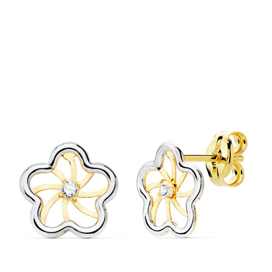 Pendientes Bicolor Flor y Circonita 8 x 8 mm 18K