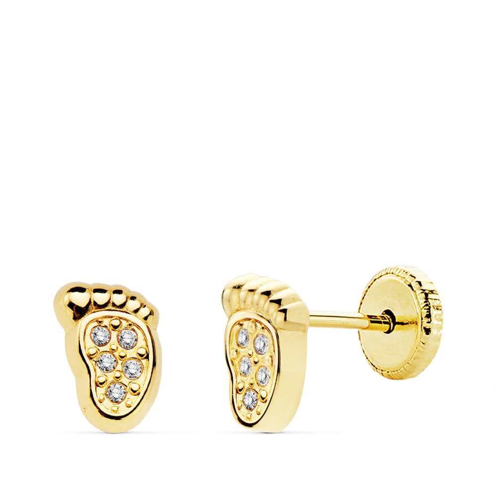 18K PENDIENTES ORO AMARILLO PIE BEBE. 6.5X4 MM CIERRE TUERCA
