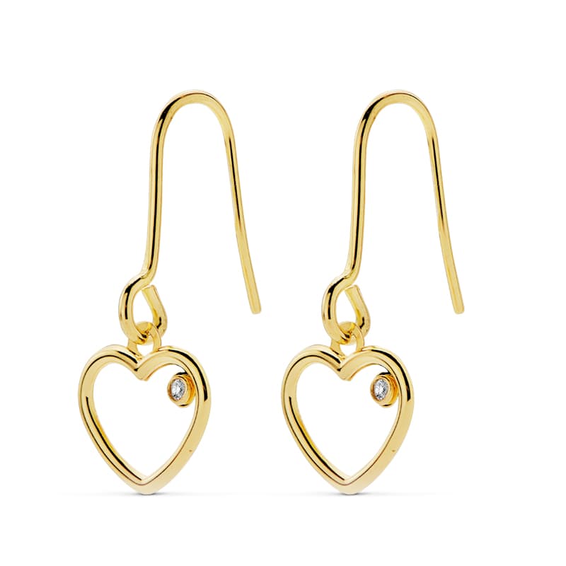 18K PENDIENTES ORO AMARILLO CORAZON CIRCONITA 20X9 MM CIERRE GANCHO