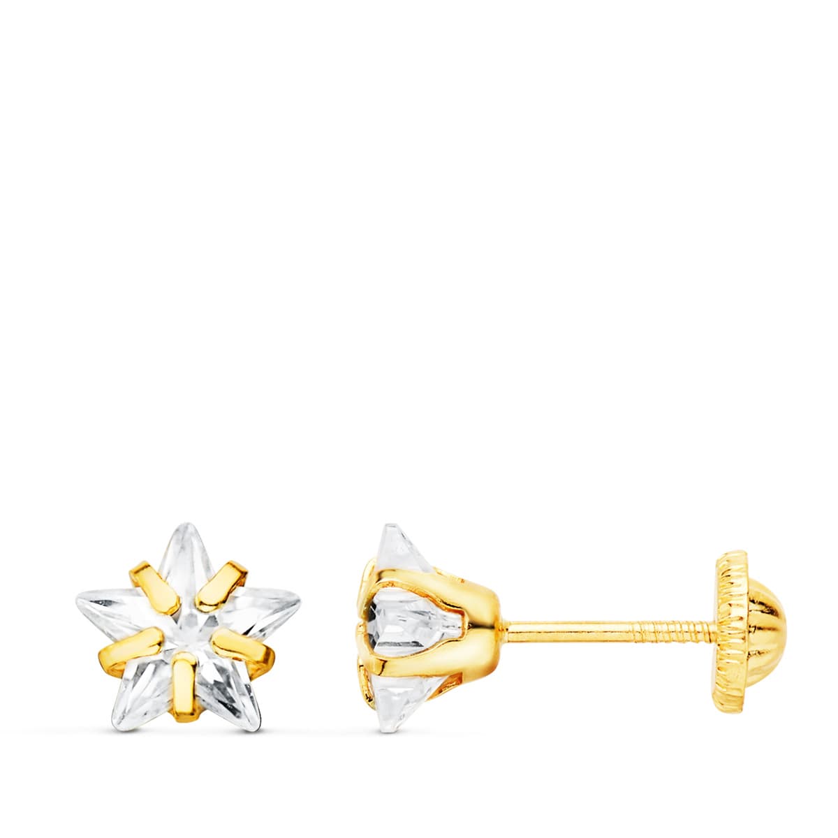 18K PENDIENTES ORO AMARILLO CIRCONITA ESTRELLA 6.5X6.5 MM CIERRE TUERCA