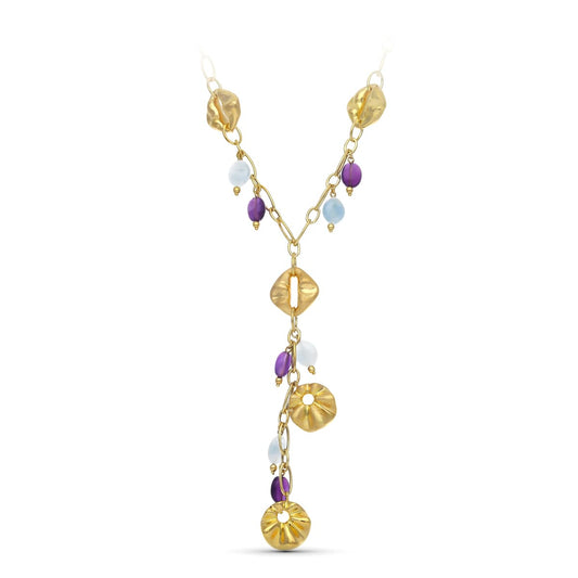 18K GARGANTILLA ORO AMARILLO FLORES Y PIEDRAS COLOR