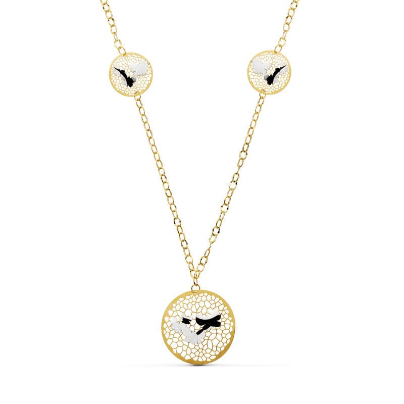 18K GARGANTILLA ORO BICOLOR COLGANTE REDONDO CON MARIPOSAS 47 CM