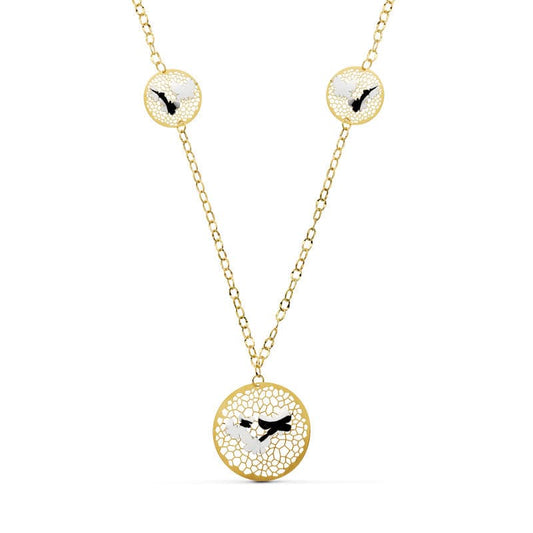 18K GARGANTILLA ORO BICOLOR COLGANTE REDONDO CON MARIPOSAS 47 CM