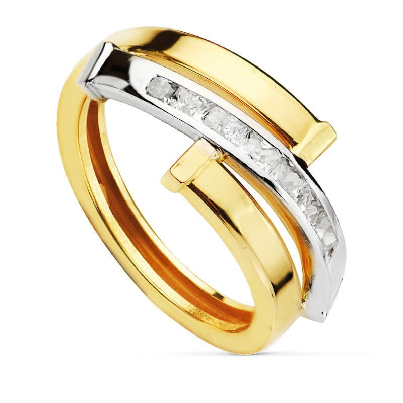 9K SORTIJA ORO BICOLOR BANDAS CON CIRCONITAS EN CARRIL. ANCHO: 10,5 MM