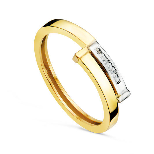 18K SORTIJA ORO BICOLOR CON DOS BANDAS CRUZADAS Y CIRCONITA TALLA BAGUETTE. ANCHO: 5 MM