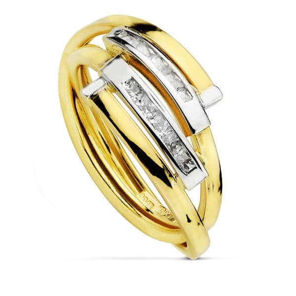 18K SORTIJA ORO BICOLOR BANDAS CON CIRCONITA BAGUETTE. ANCHO: 10 MM