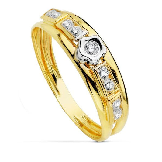 18K SORTIJA ORO BICOLOR CON FLOR Y CIRCONITAS. ANCHO: 5 MM