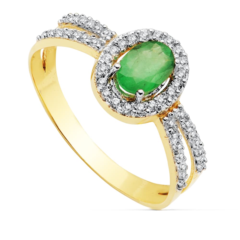 Sortija Bicolor con Circonita y Esmeralda Oval 6 x 4 mm 18K