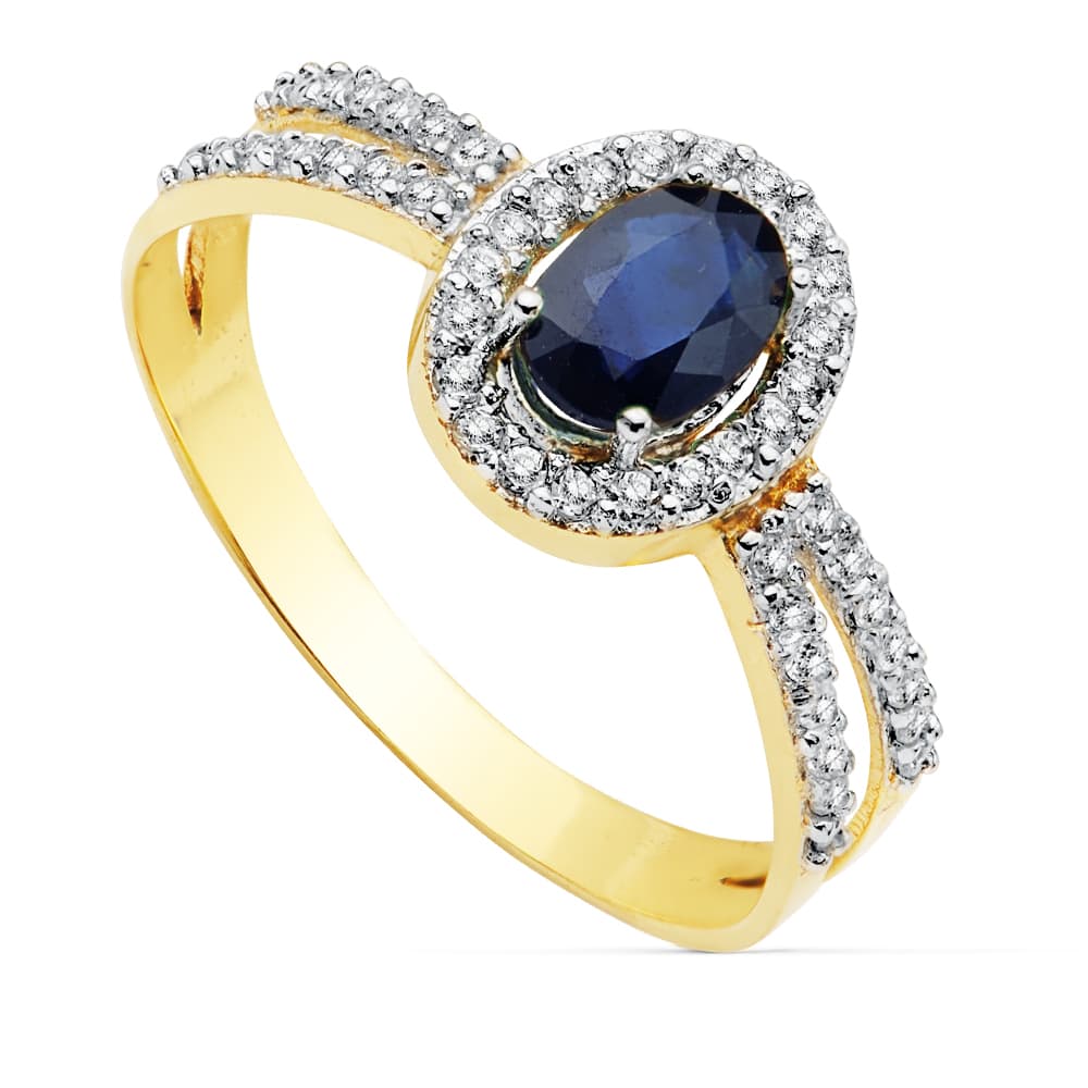 Sortija Bicolor con Circonita y Zafiro Oval 6 x 4 mm 18K