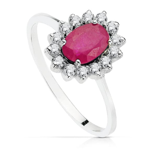 18K SORTIJA ORO BLANCO PIEDRA FINA RUBI 7X5MM CON CIRCONITAS
