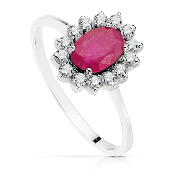 18K SORTIJA ORO BLANCO PIEDRA FINA RUBI 7X5MM CON CIRCONITAS