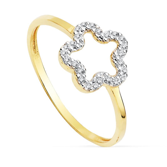 9K SORTIJA ORO BICOLOR CON FLOR DE CIRCONITAS. ANCHO: 9 X 9 MM