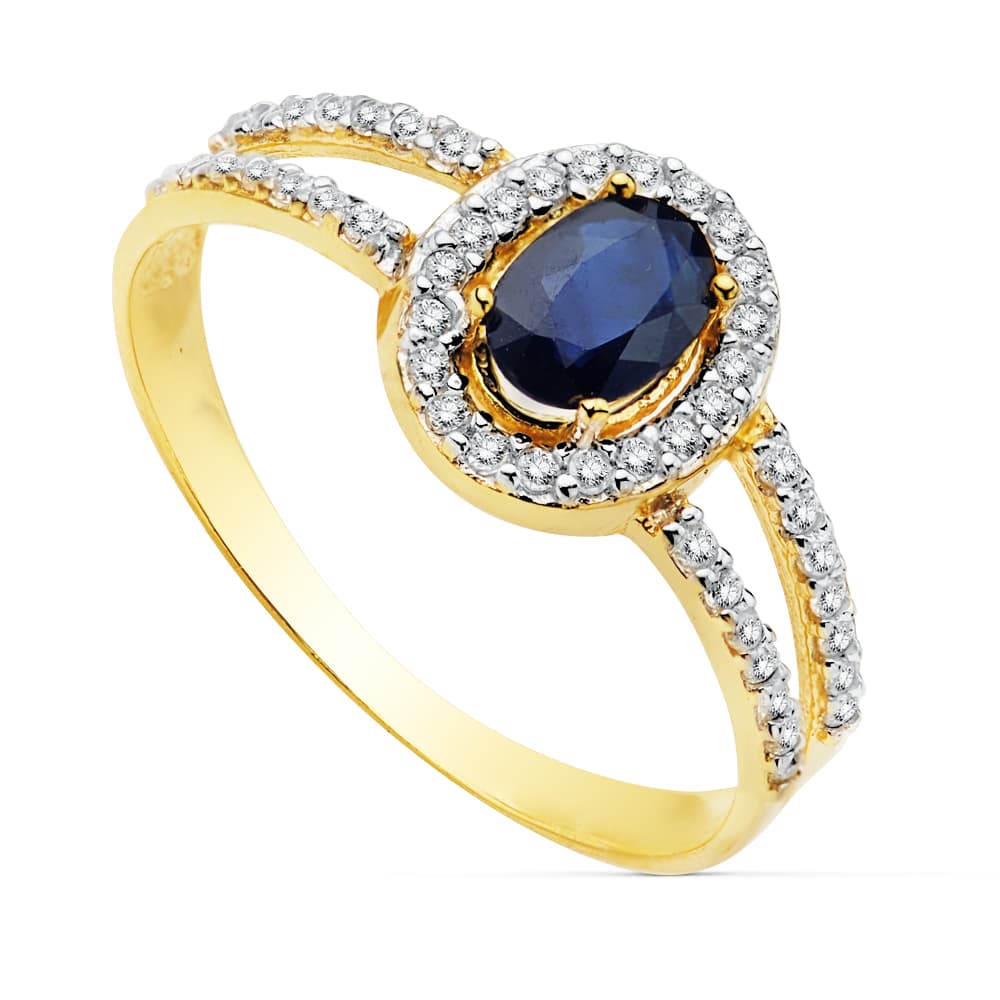 18K SORTIJA ORO BICOLOR CON CIRCONITA Y ZAFIRO DE 6X4 MM