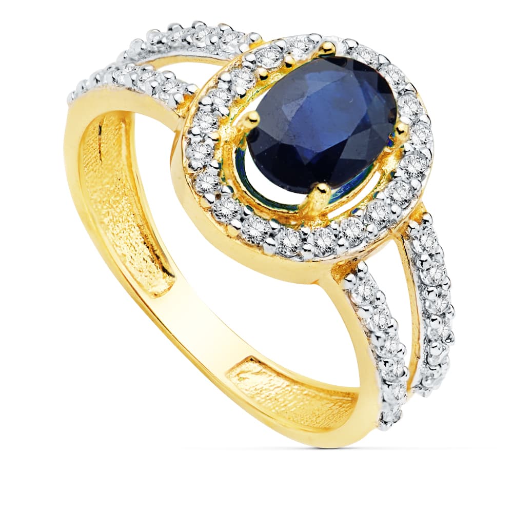 18K SORTIJA ORO BICOLOR CON CIRCONITA Y ZAFIRO DE 6X5 MM