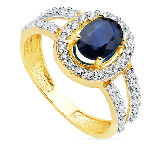 18K SORTIJA ORO BICOLOR CON CIRCONITA Y ZAFIRO DE 6X5 MM