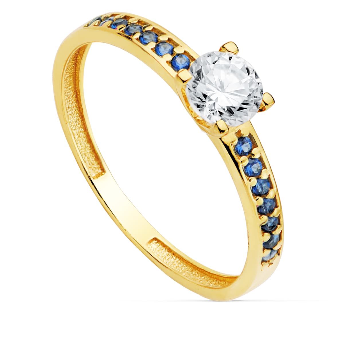Solitario Garras Circonita 5 mm y Circonita Azules de oro amarillo 18K