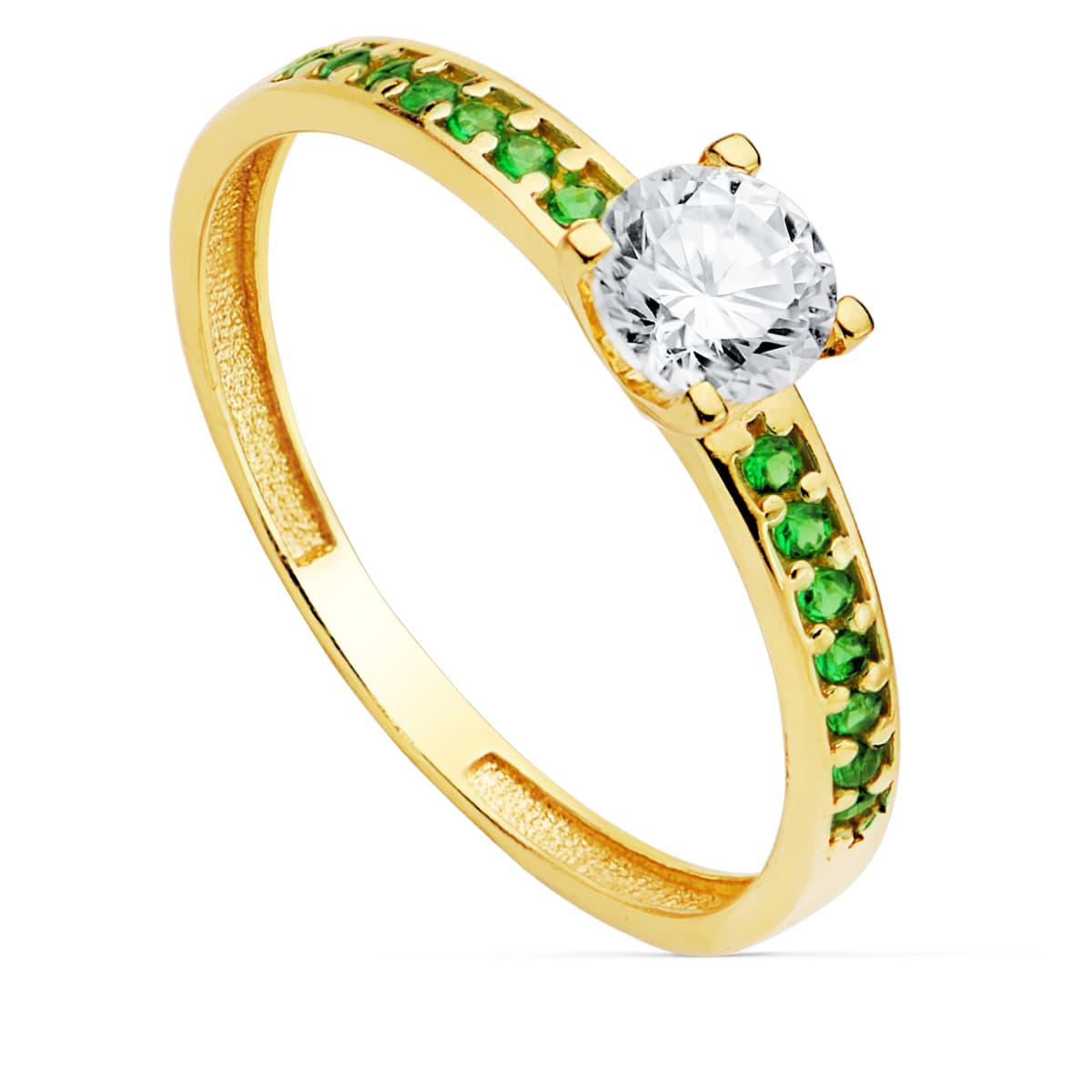 Solitario Garras Circonita 5 mm y Circonita Verdes de oro amarillo 18K