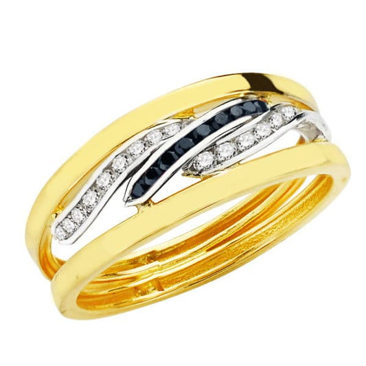 18K SORTIJA ORO BICOLOR BANDAS Y CIRCONITA BLANCAS Y AZULES. ANCHO CUERPO 6 MM