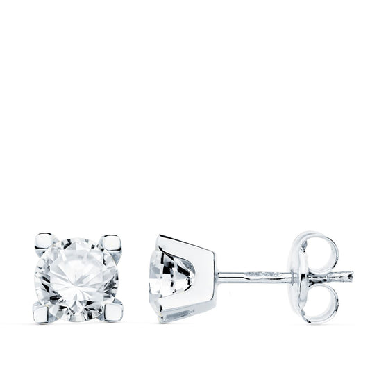 18K PENDIENTES ORO BLANCO CIRCONITA 5 MM 4 GARRAS CIERRE PRESION