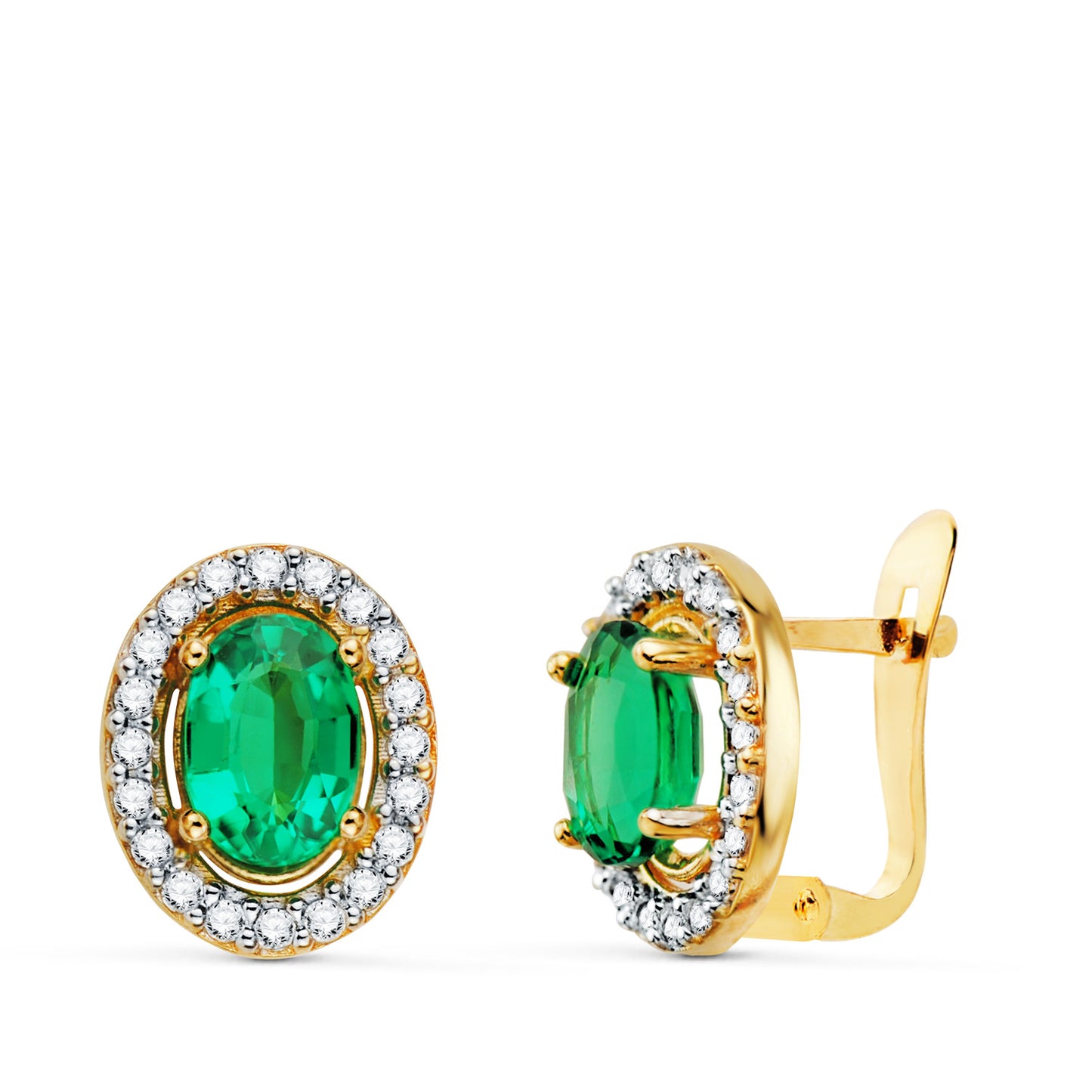 9K PENDIENTES CIRCONITAS Y ESMERALDA 6X4 MM